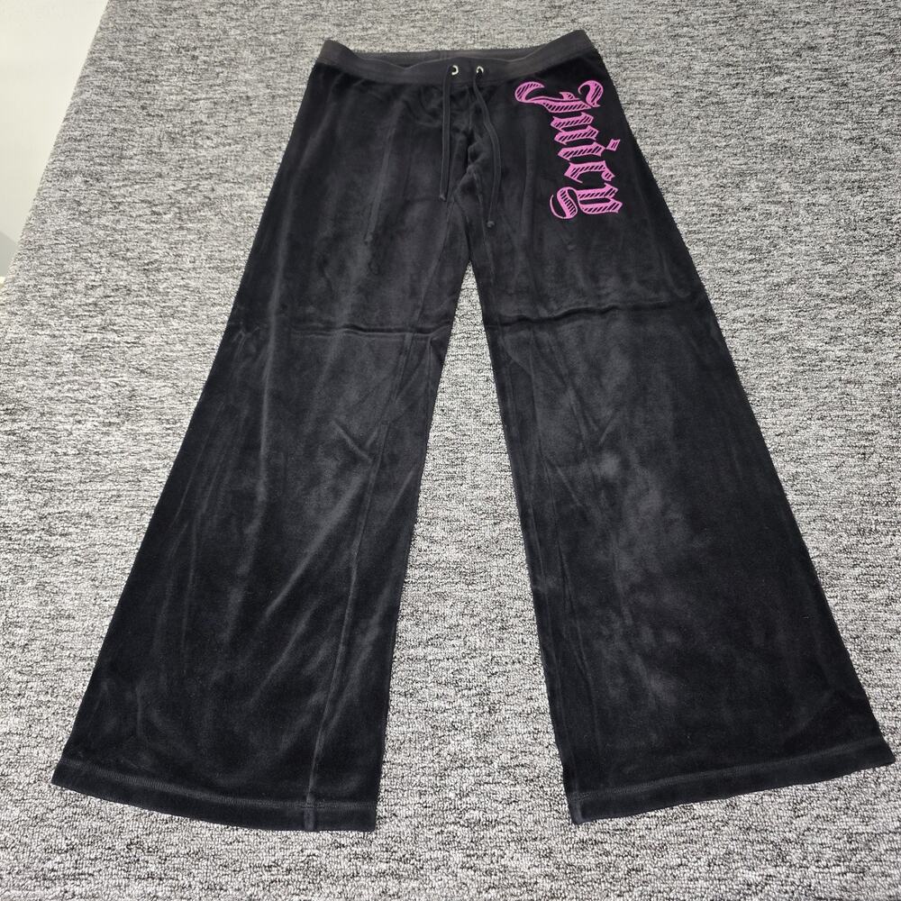 Juicy Couture Velour Track Pants Women's M Black Y2K Vtg Wide Leg Goth Pink Logo